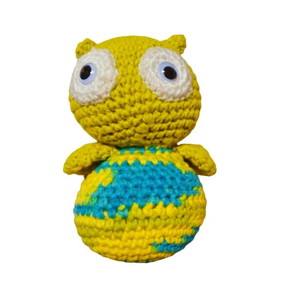 Lime, Yellow & Blue Crochet Knit Owl Plush - 8" Handmade Stuffed Animal - Picture 1 of 5